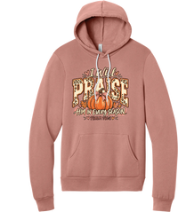 Praise Him Pumpkin hoodie in Mauve, featuring I Will Praise Him in Every Season in leopard varsity letters with a pumpkin, a pink bow, and Psalm 146:2