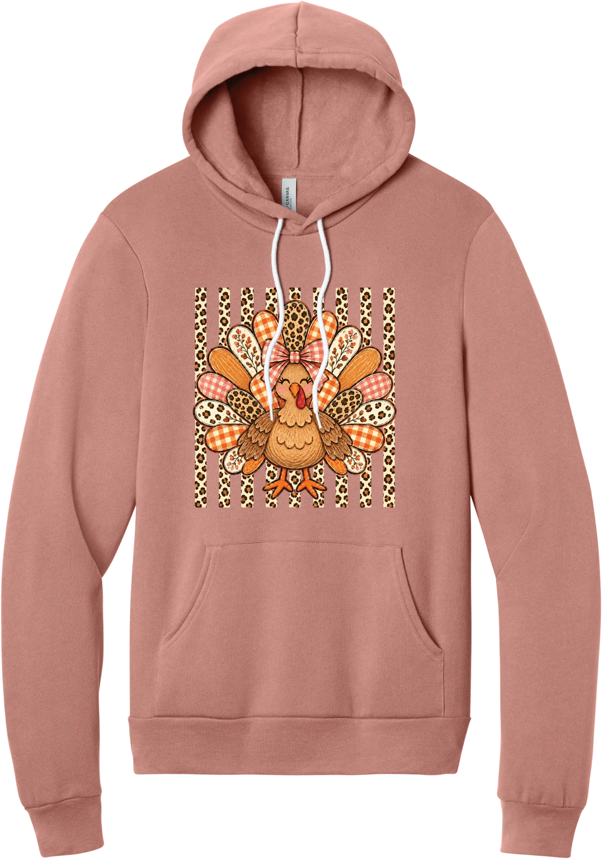 Preppy Turkey hoodie in Mauve, featuring a smiling turkey with gingham and leopard feathers and a pink bow on a leopard stripe background