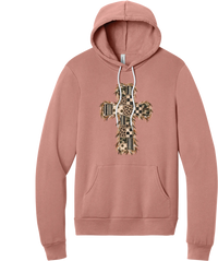 Quilted Patchwork Cross hoodie in Mauve, featuring a patchwork cross in camo, leopard, checkerboard, polka dot, and stripes with a fringed edge