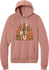Thankful Leopard Turkey hoodie in Mauve, featuring a leopard and plaid feathered turkey over the word Thankful, with a leopard pumpkin, pie, and autumn leaves