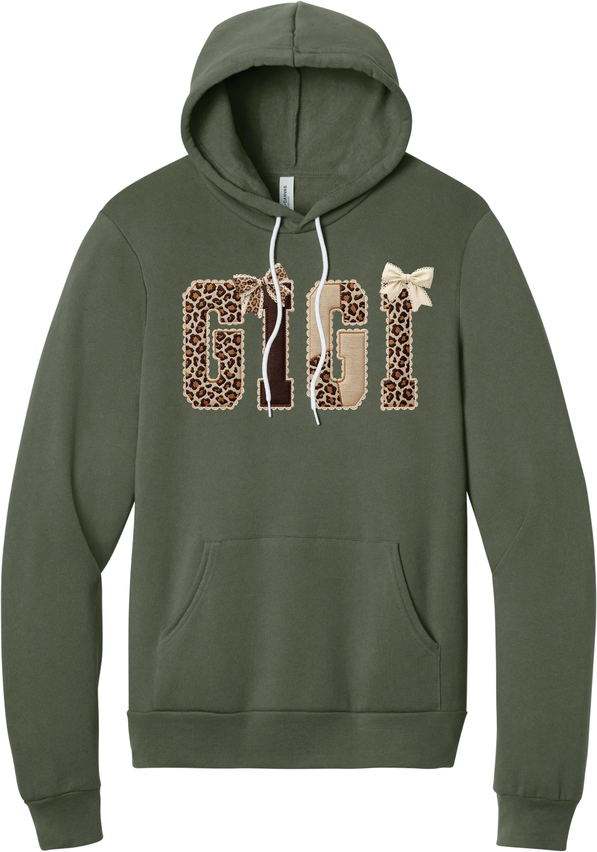 Grandma Leopard Applique hoodie in Military Green, featuring GIGI spelled out in leopard, cream, and chocolate patches with a scalloped stitched applique look and two bows