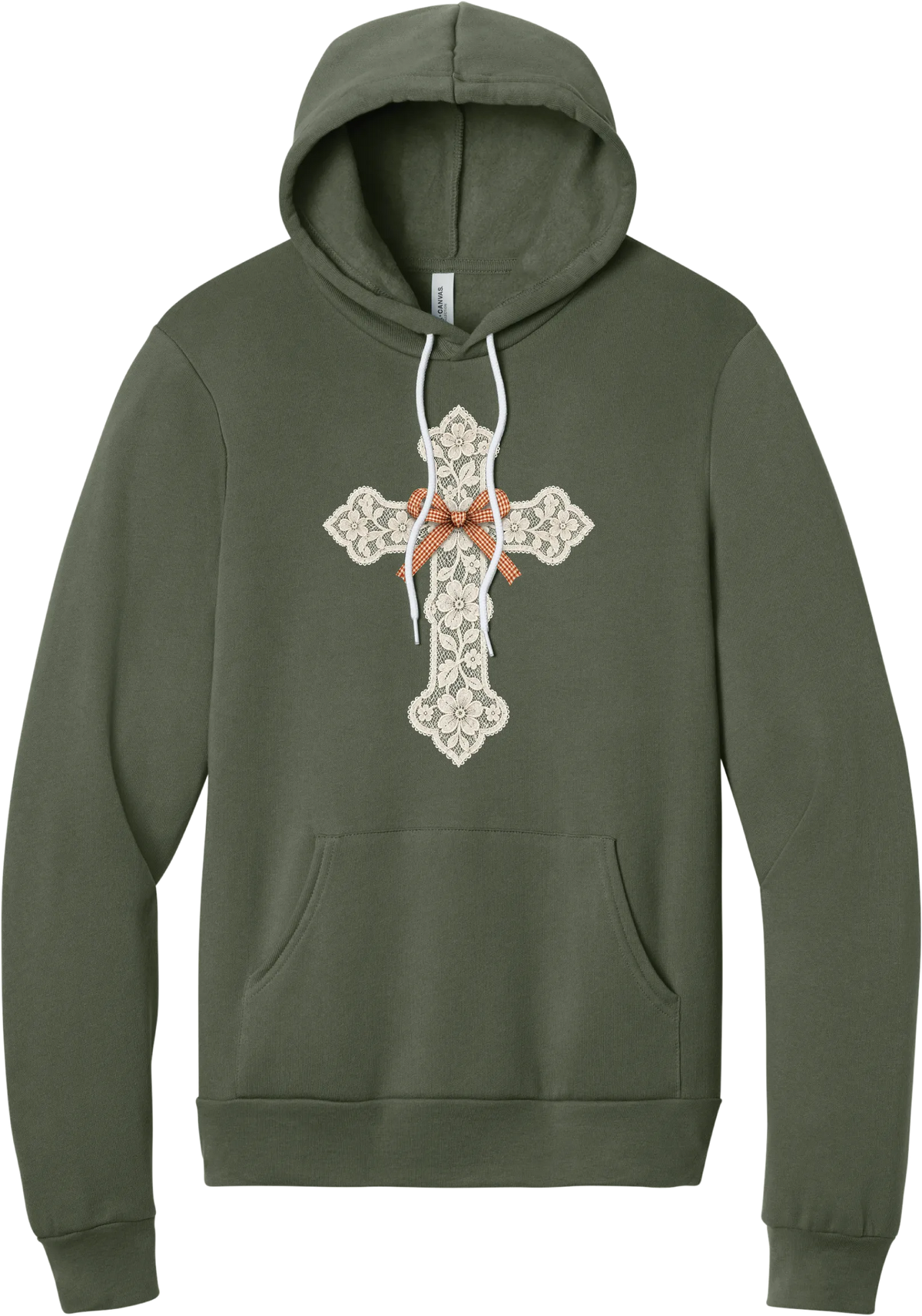 Vintage Lace Cross hoodie in Military Green, featuring a cream floral lace cross tied with an orange gingham bow
