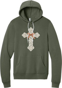 Vintage Lace Cross hoodie in Military Green, featuring a cream floral lace cross tied with an orange gingham bow