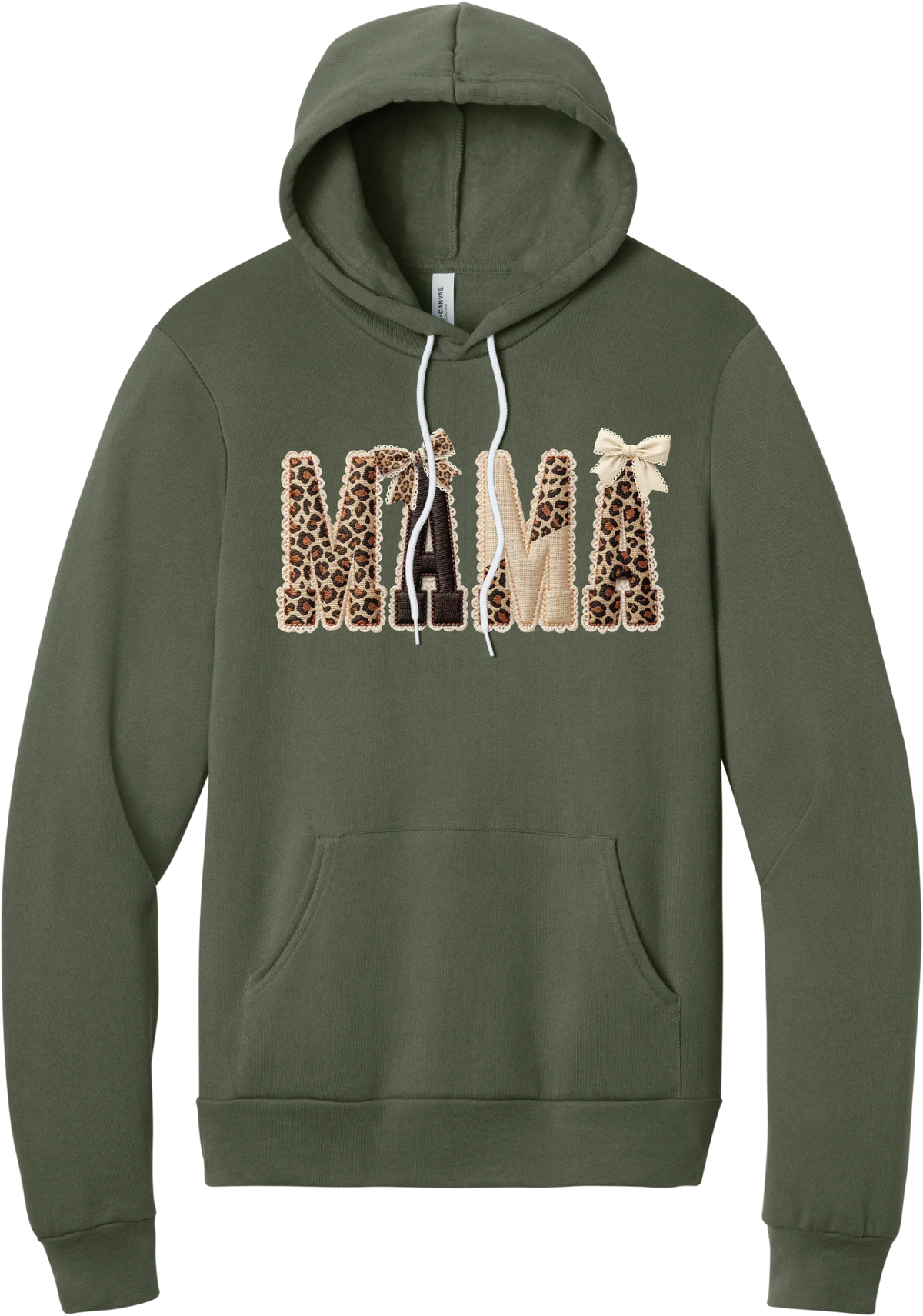 Mama Leopard Applique hoodie in Military Green, featuring MAMA spelled out in leopard, cream, and chocolate patches with a scalloped stitched applique look and two bows