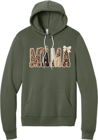 Mama Leopard Applique hoodie in Military Green, featuring MAMA spelled out in leopard, cream, and chocolate patches with a scalloped stitched applique look and two bows