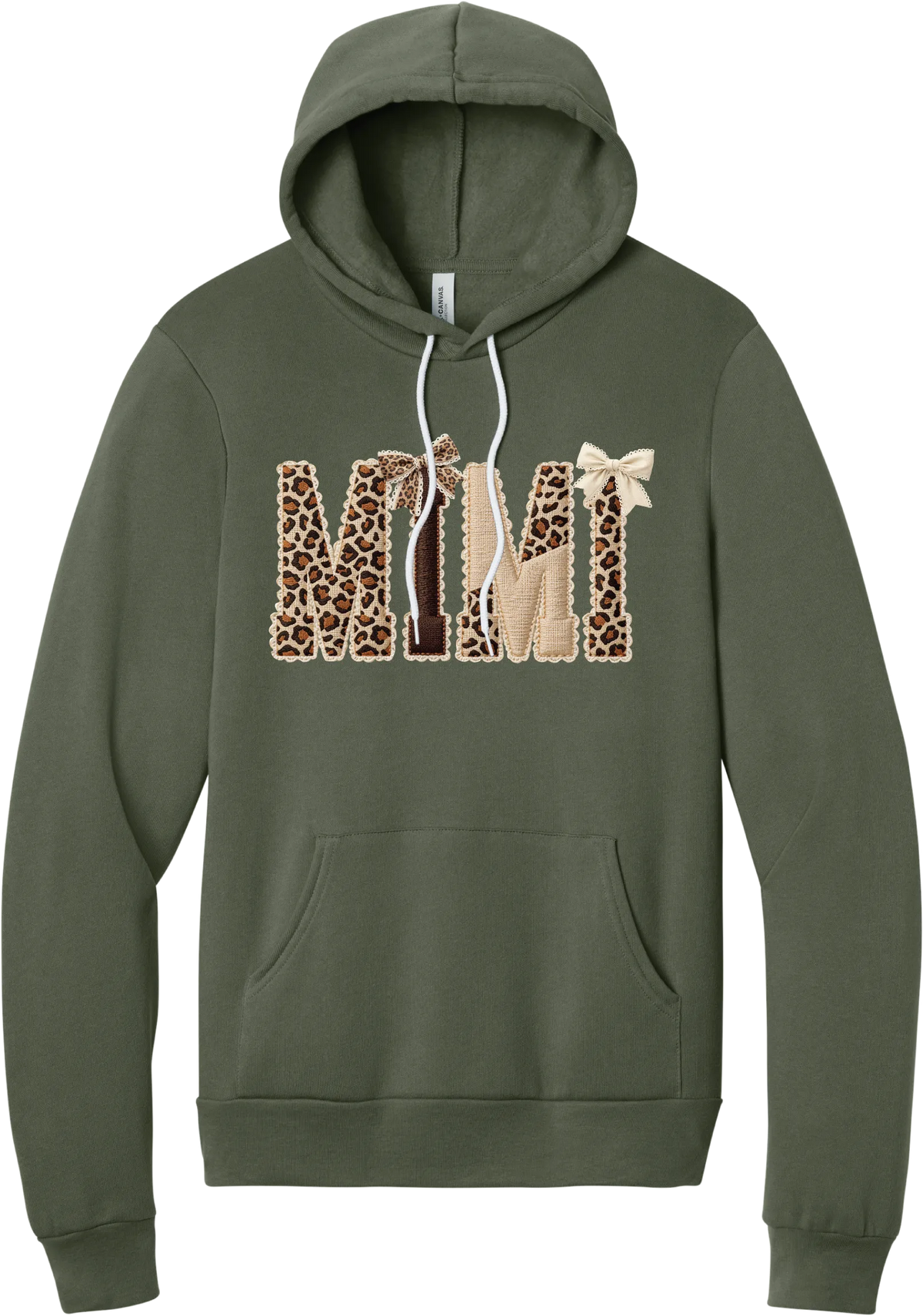 Grandma Leopard Applique hoodie in Military Green, featuring MIMI spelled out in leopard, cream, and chocolate patches with a scalloped stitched applique look and two bows