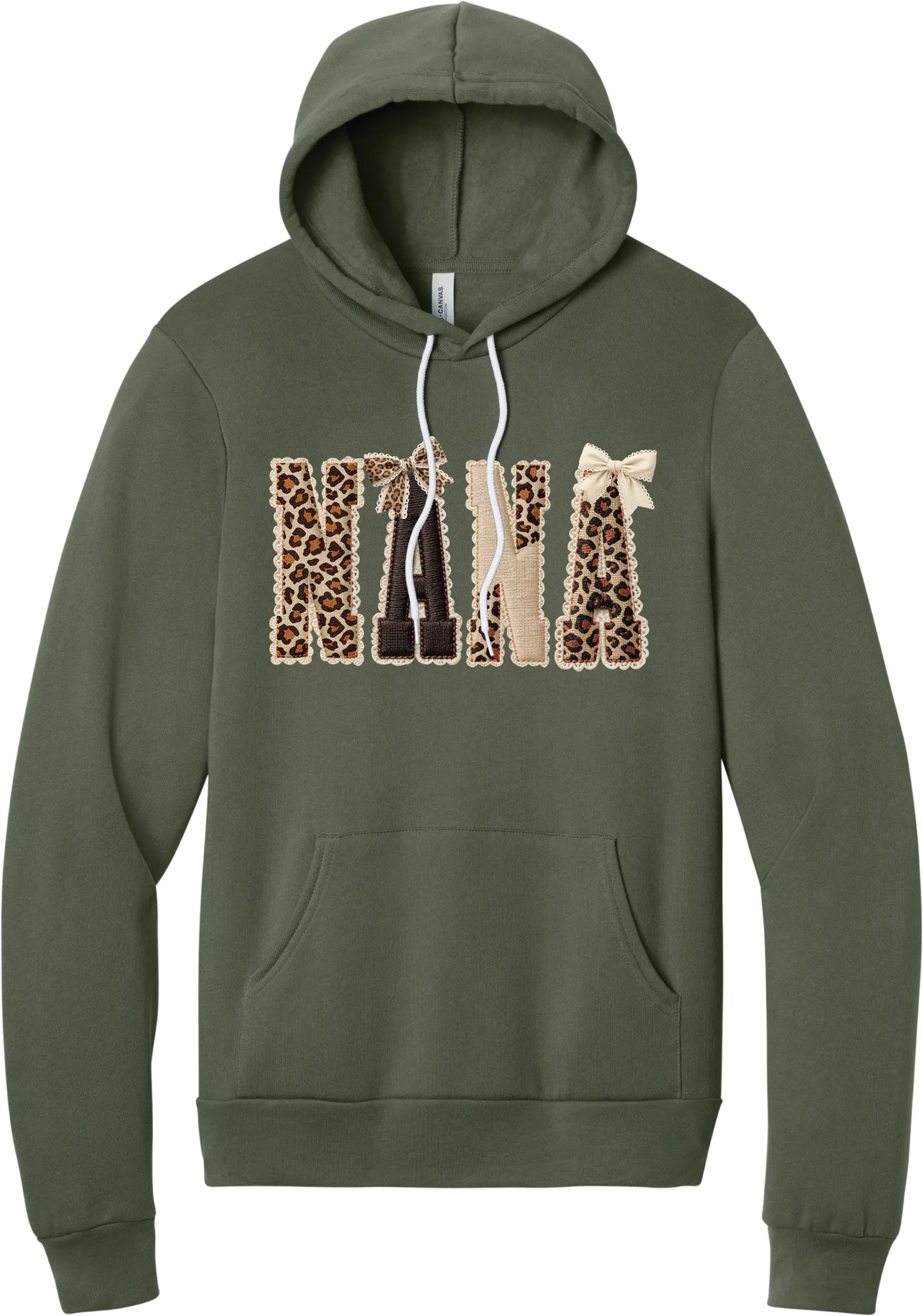 Grandma Leopard Applique hoodie in Military Green, featuring NANA spelled out in leopard, cream, and chocolate patches with a scalloped stitched applique look and two bows