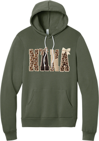 Grandma Leopard Applique hoodie in Military Green, featuring NANA spelled out in leopard, cream, and chocolate patches with a scalloped stitched applique look and two bows