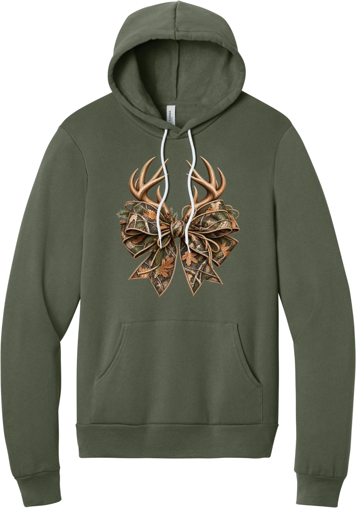 Coquette Antlers hoodie in Military Green, featuring deer antlers tied with an oversized camo bow, twine, and autumn leaves