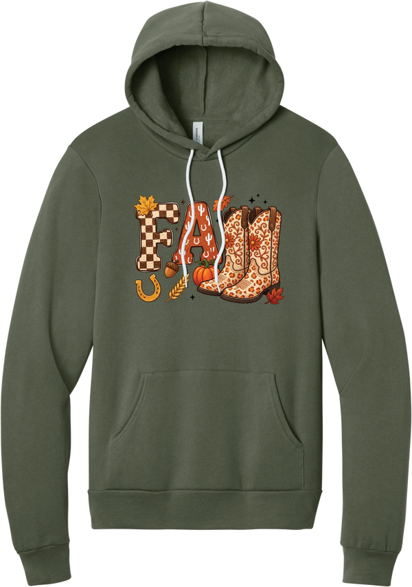 Boot Weather hoodie in Military Green, featuring patchwork FALL letters with cowgirl boots, a pumpkin, and a horseshoe