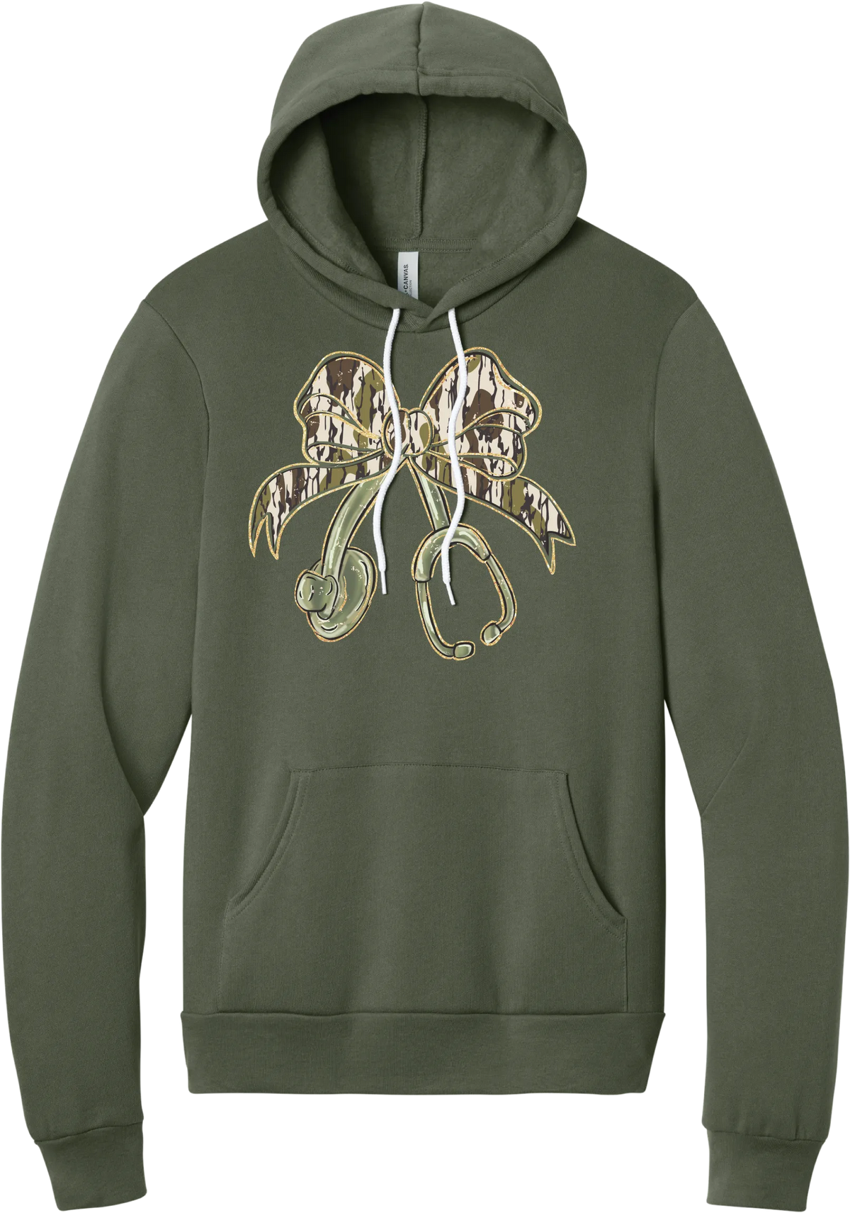 Camo Bow Stethoscope hoodie in Military Green, featuring a glittery camo print coquette bow tied to a sage green stethoscope