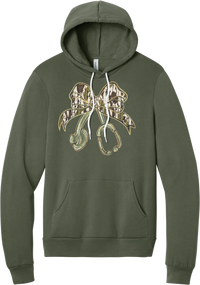 Camo Bow Stethoscope hoodie in Military Green, featuring a glittery camo print coquette bow tied to a sage green stethoscope