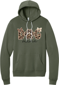 Autumn Dog Mama hoodie in Military Green, featuring leopard print DOG letters with a paw print, cream bows, and mama script