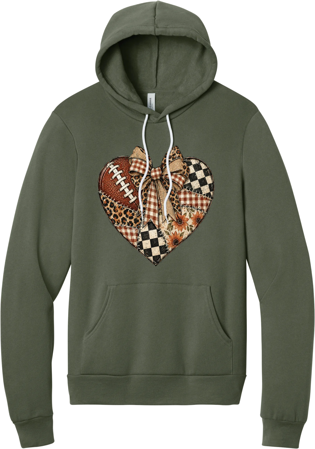 For the Love of Football hoodie in Military Green, featuring a patchwork heart in leopard, plaid, and checkerboard with a football and a cream bow