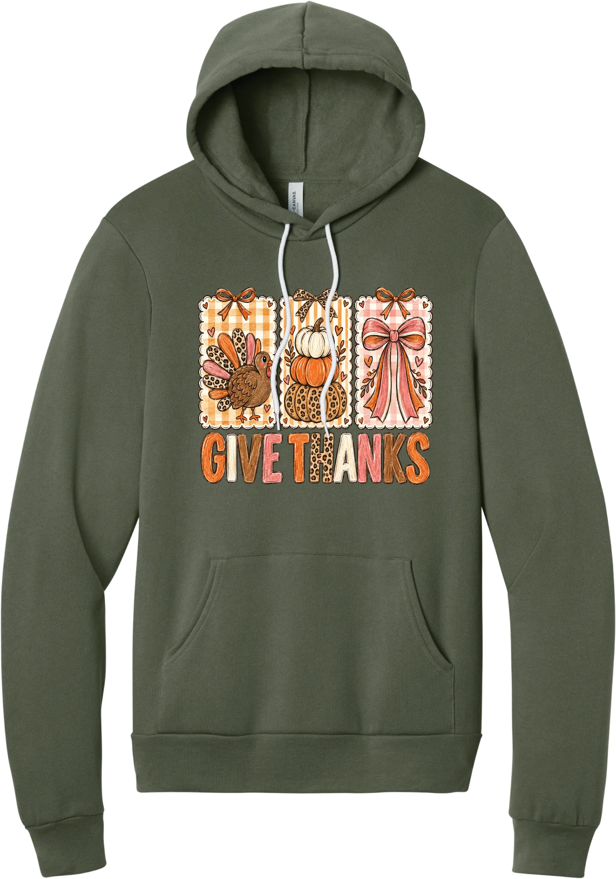 Give Thanks Coquette hoodie in Military Green, featuring three bow-topped stamp panels with a turkey, stacked pumpkins, and a pink bow above Give Thanks in patchwork letters