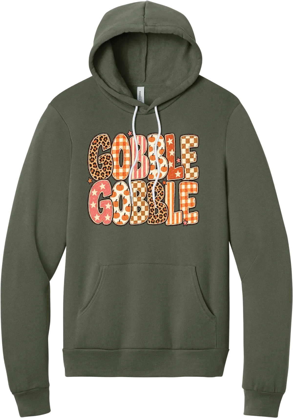 Gobble Gobble Patchwork hoodie in Military Green, featuring Gobble Gobble in bubble letters filled with leopard, gingham, checkerboard, stars, and pumpkin prints