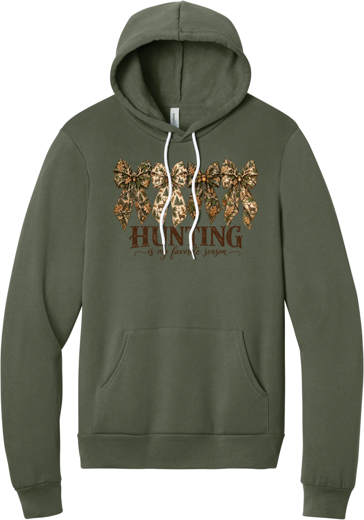 Hunting Is My Favorite Season hoodie in Military Green, featuring four camo coquette bows with antlers, acorns, and deer above Hunting Is My Favorite Season lettering