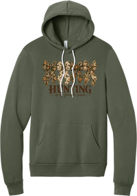 Hunting Is My Favorite Season hoodie in Military Green, featuring four camo coquette bows with antlers, acorns, and deer above Hunting Is My Favorite Season lettering