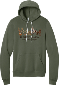 Hunting Season hoodie in Military Green, featuring a whitetail buck, antlers, a camo cap, a flying mallard, and a chocolate lab above Hunting Season My Favorite Season lettering