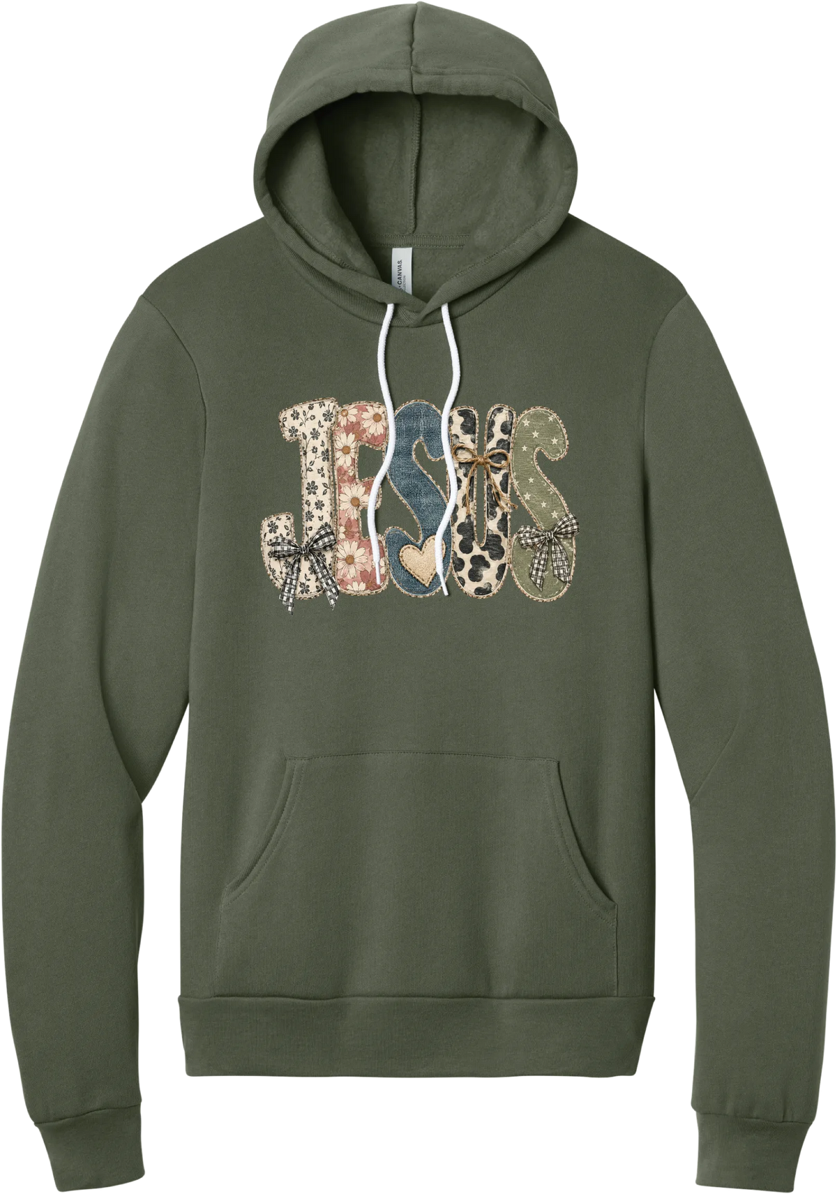 Jesus Patchwork hoodie in Military Green, featuring JESUS in patchwork letters of floral, leopard, denim, and cow print with gingham bows and a heart