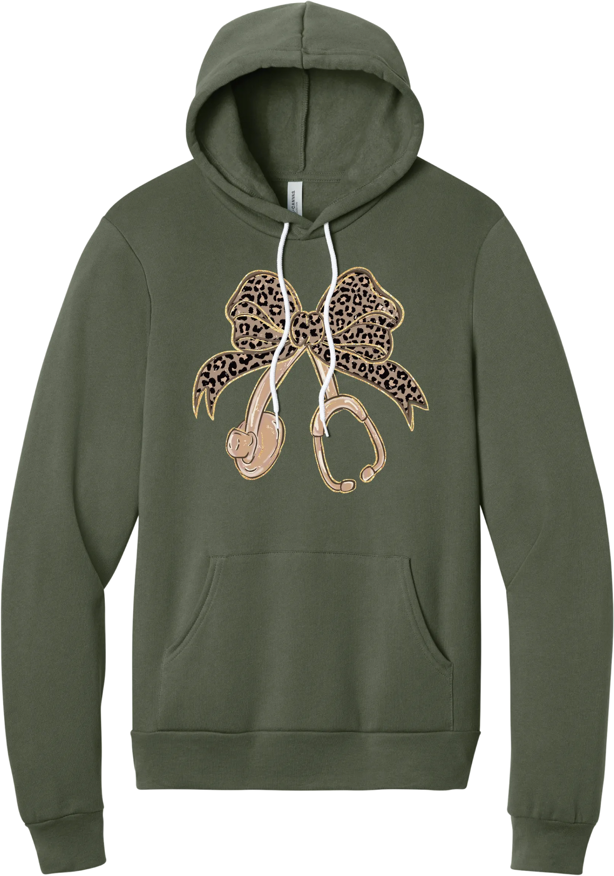 Leopard Bow Stethoscope hoodie in Military Green, featuring a glittery leopard print coquette bow tied to a rose gold stethoscope