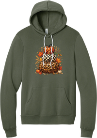 All Stacked Up hoodie in Military Green, featuring three stacked pumpkins in polka dot, checkerboard, and leopard with autumn leaves
