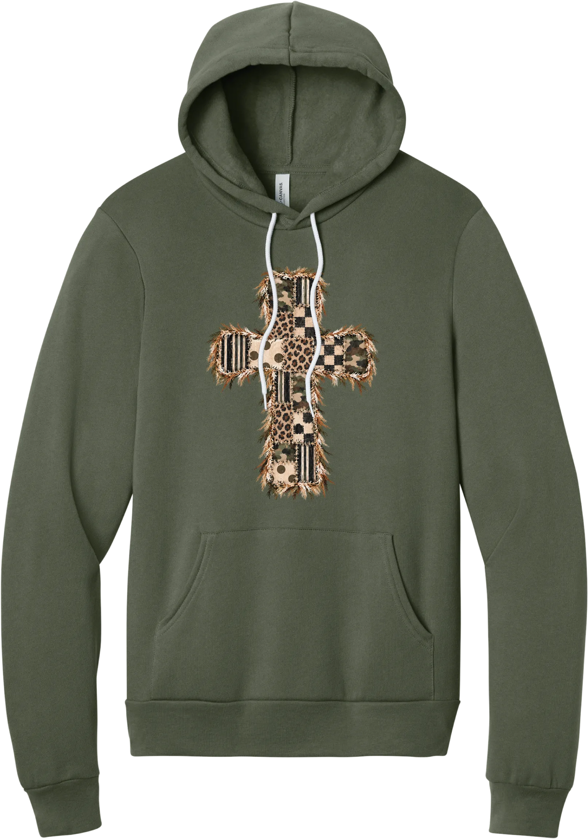 Quilted Patchwork Cross hoodie in Military Green, featuring a patchwork cross in camo, leopard, checkerboard, polka dot, and stripes with a fringed edge