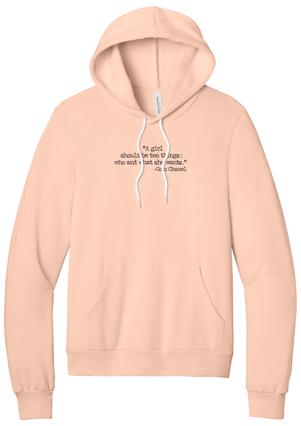 Coco Chanel Who and What Quote hoodie in Peach, featuring A girl should be two things who and what she wants in distressed black typewriter letters