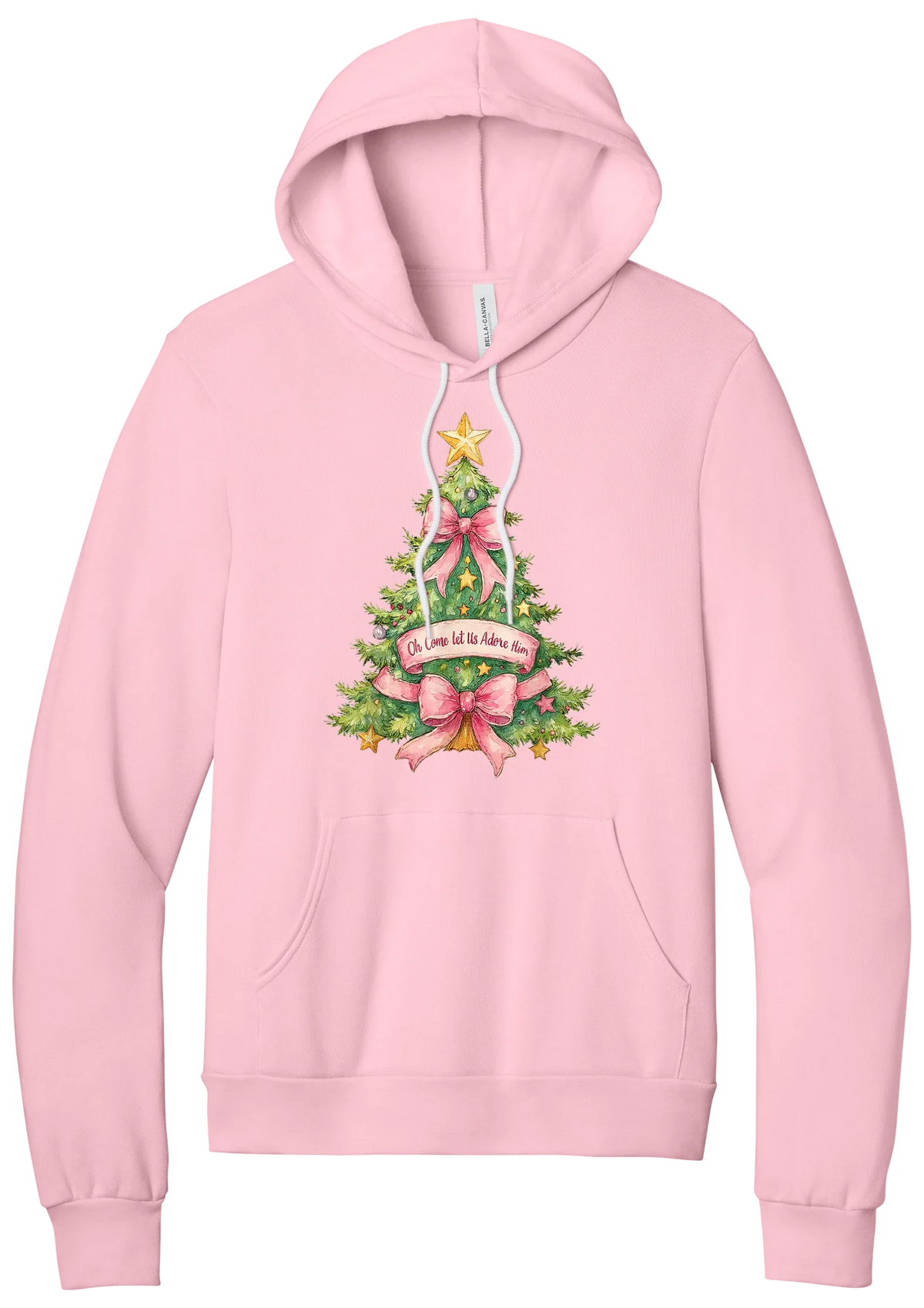 Adore Him Bow Tree hoodie in Pink, featuring a green Christmas tree with pink bows, a gold star, and an Oh Come Let Us Adore Him banner