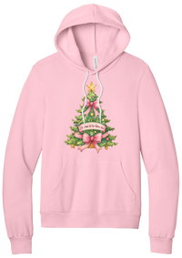 Adore Him Bow Tree hoodie in Pink, featuring a green Christmas tree with pink bows, a gold star, and an Oh Come Let Us Adore Him banner