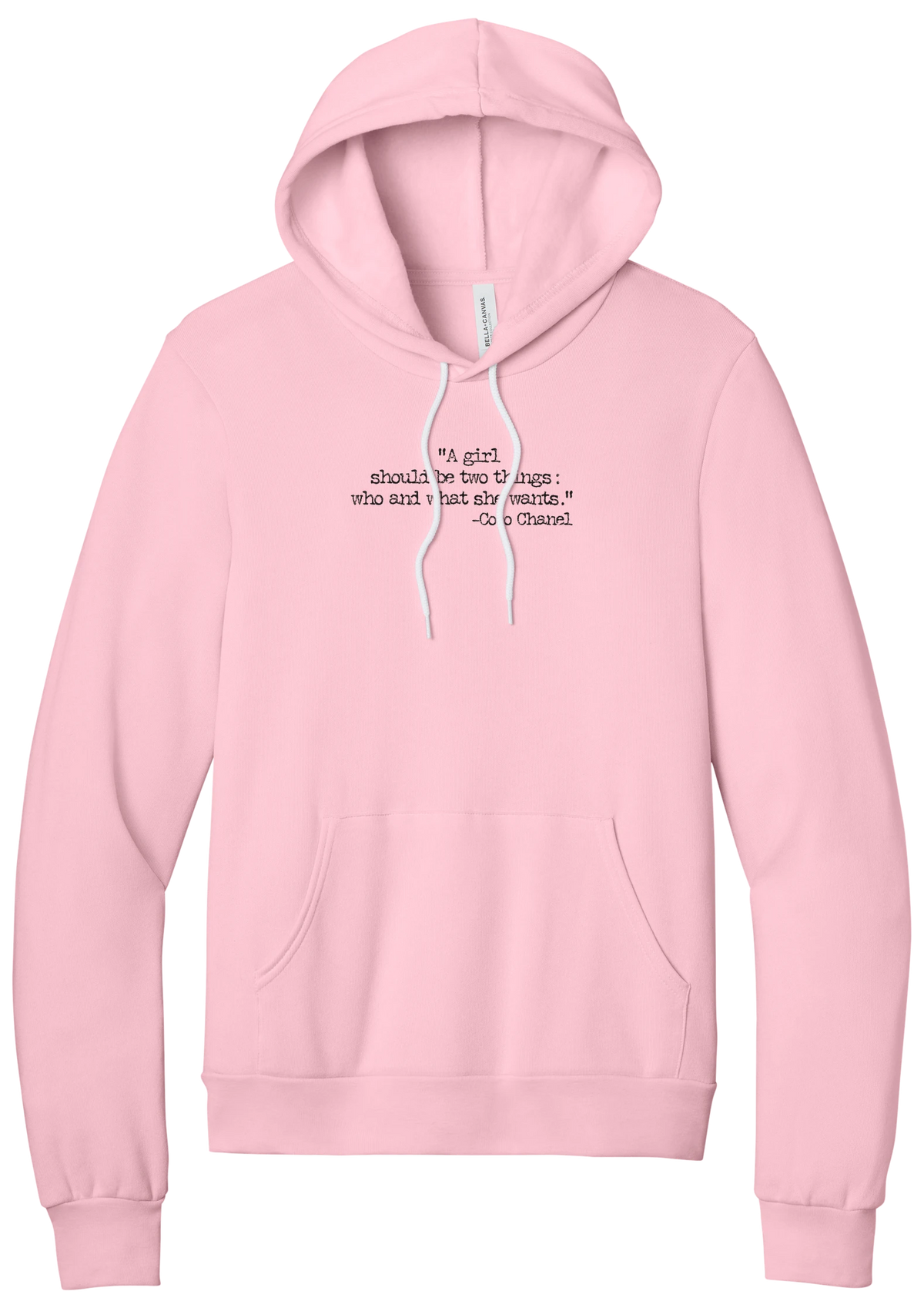 Coco Chanel Who and What Quote hoodie in Pink, featuring A girl should be two things who and what she wants in distressed black typewriter letters
