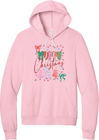 Coquette Merry Christmas Outline hoodie in Pink, featuring Merry Christmas bubble letters and script framed by string lights, coquette bows, and sketched Christmas trees