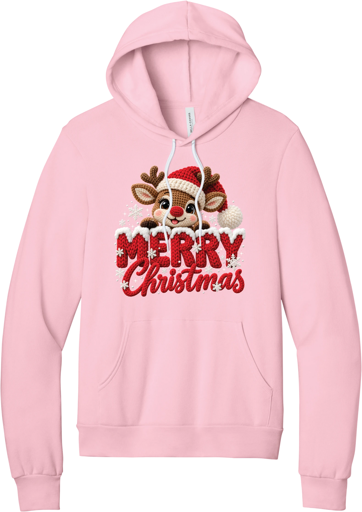 Crocheted Rudolph Merry Christmas hoodie in Pink, featuring a crochet-style reindeer in a Santa hat peeking over knit-texture Merry Christmas lettering with snowflakes