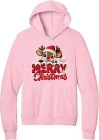 Crocheted Rudolph Merry Christmas hoodie in Pink, featuring a crochet-style reindeer in a Santa hat peeking over knit-texture Merry Christmas lettering with snowflakes
