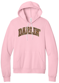 Darlin' hoodie, Checker Outline design, in Pink, featuring arched varsity DARLIN' letters filled with leopard and checker print
