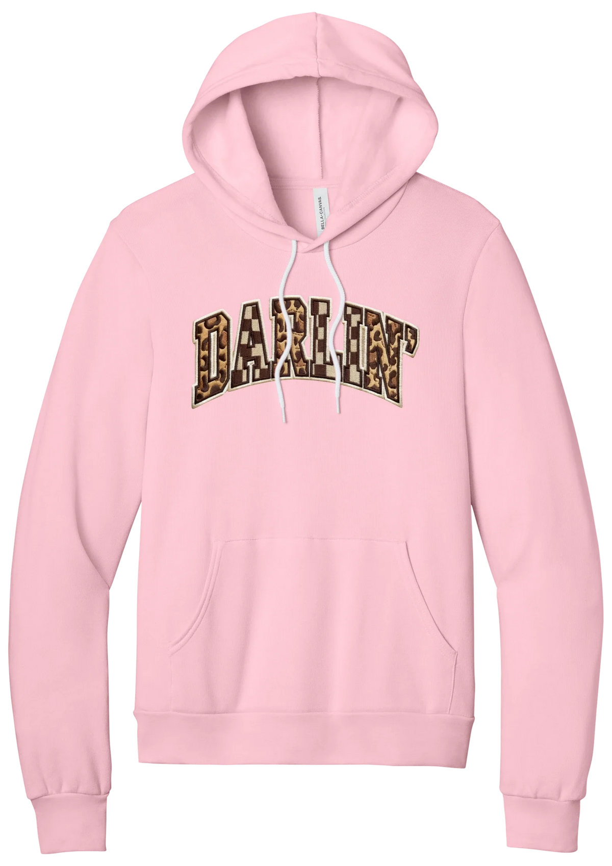 Darlin' hoodie, Patchwork design, in Pink, featuring arched varsity DARLIN' letters filled with leopard and checker print