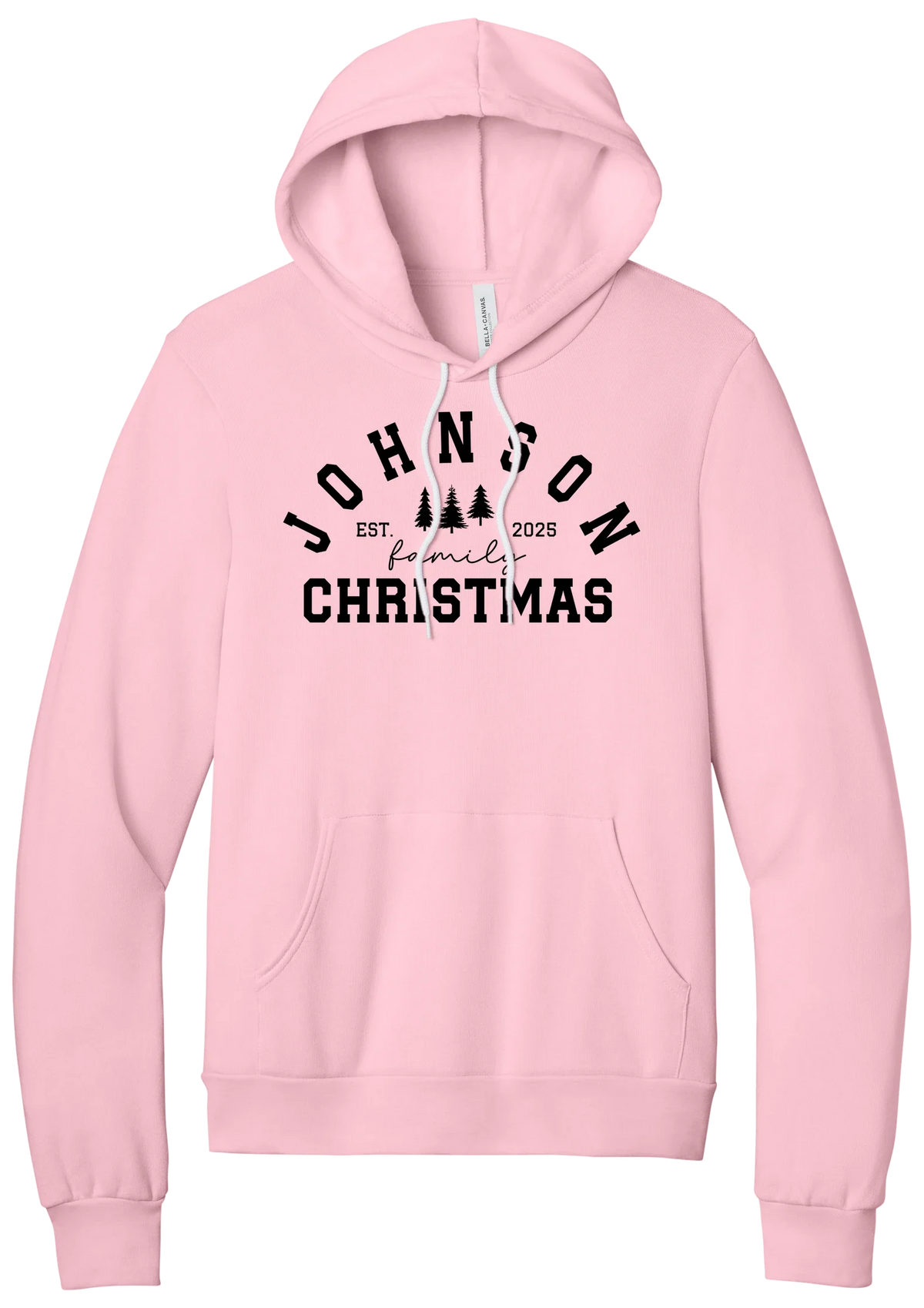 Personalized Family Christmas hoodie in Pink, featuring an arched family name over pine trees with EST. year and family Christmas lettering