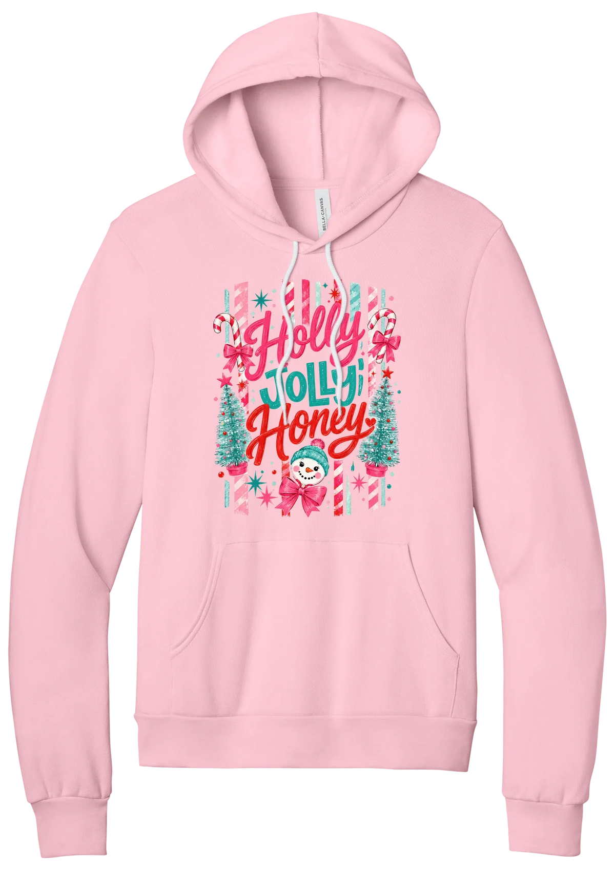 Holly Jolly Honey hoodie in Pink, featuring red and teal Holly Jolly Honey script with candy cane stripes, bottle brush trees, and a snowman