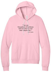 Jane Austen Best Companions Quote hoodie in Pink, featuring Her own thoughts and reflections were habitually her best companions in distressed black typewriter letters