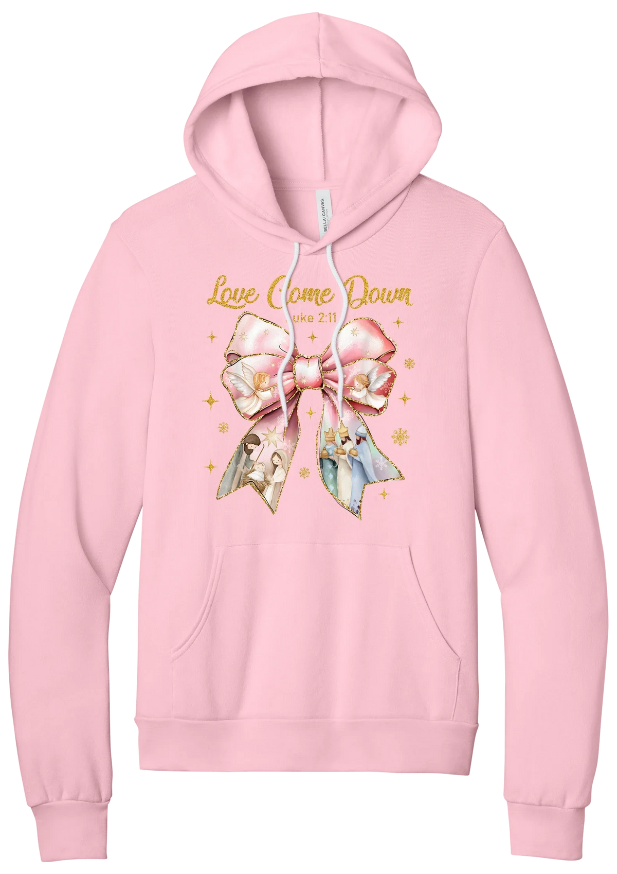 Love Came Down Nativity Bow hoodie in Pink, featuring a blush satin bow with painted nativity scenes under gold Love Came Down script and Luke 2:11