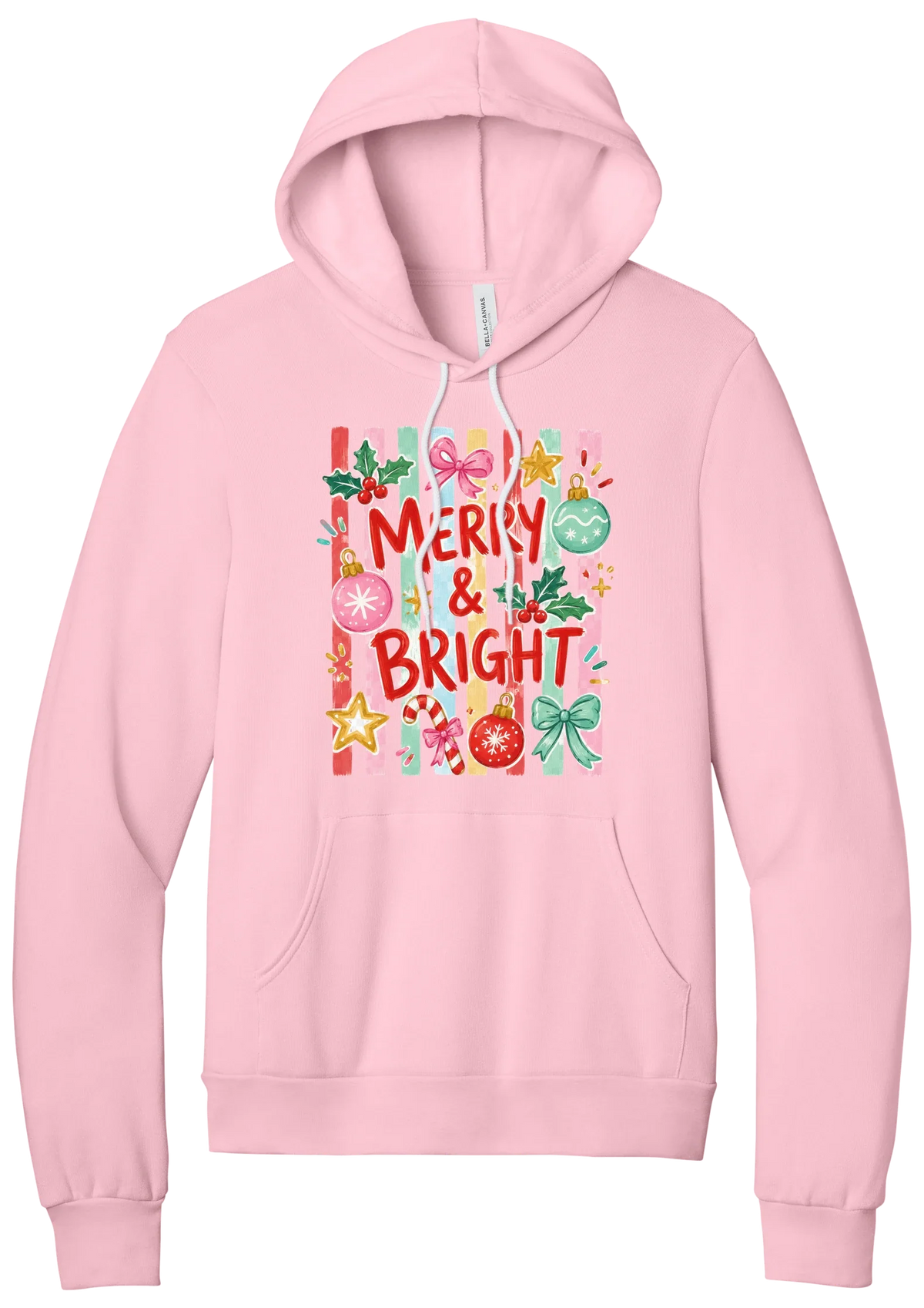 Merry and Bright Striped hoodie in Pink, featuring red MERRY and BRIGHT letters on pink and green stripes with ornaments and holly