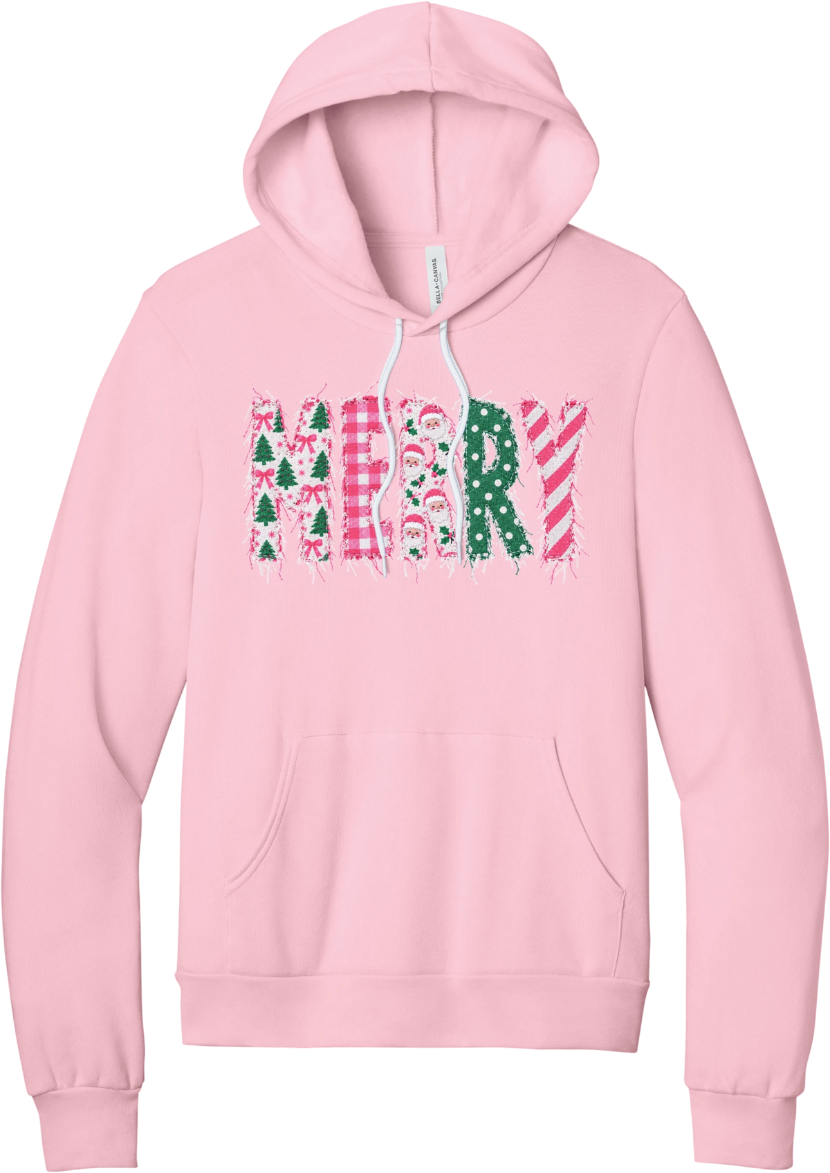 Merry Preppy Applique hoodie in Pink, featuring faux applique MERRY letters in pink and green patchwork patterns with trees, gingham, Santas, polka dots, and candy cane stripes