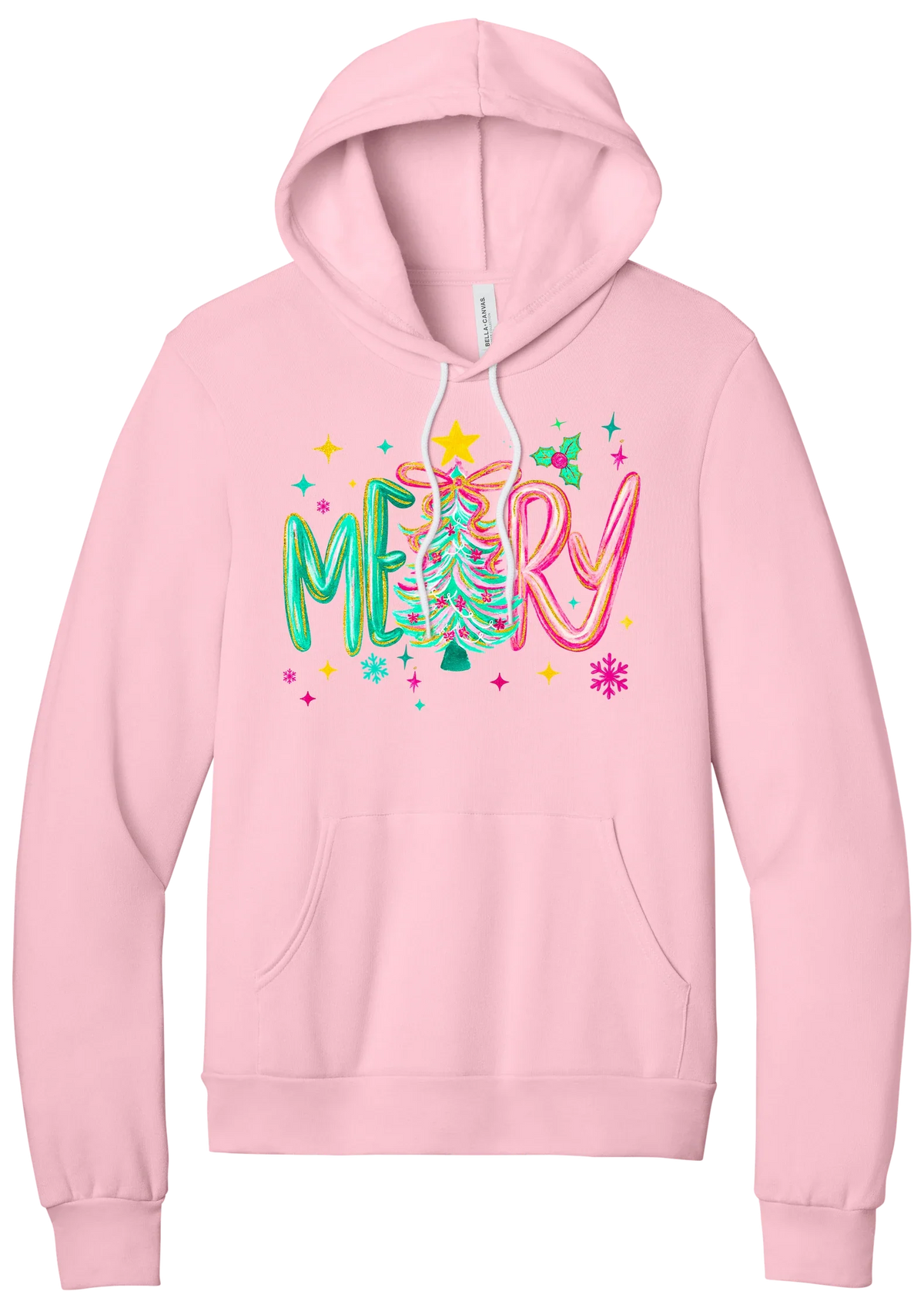 Merry Tinsel Tree hoodie in Pink, featuring puffy teal and pink MERRY letters around a tinsel Christmas tree with a gold star