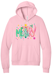 Merry Tinsel Tree hoodie in Pink, featuring puffy teal and pink MERRY letters around a tinsel Christmas tree with a gold star