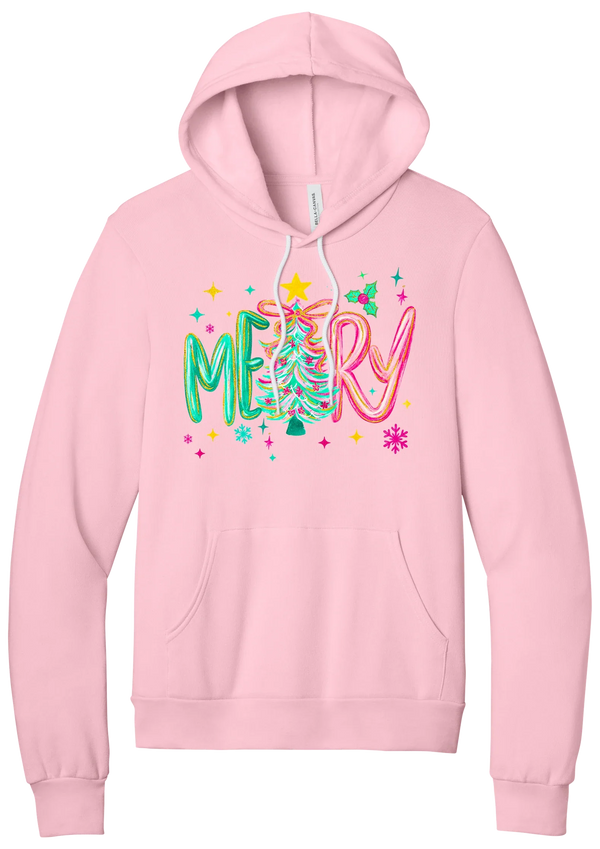 Merry Tinsel Tree hoodie in Pink, featuring puffy teal and pink MERRY letters around a tinsel Christmas tree with a gold star