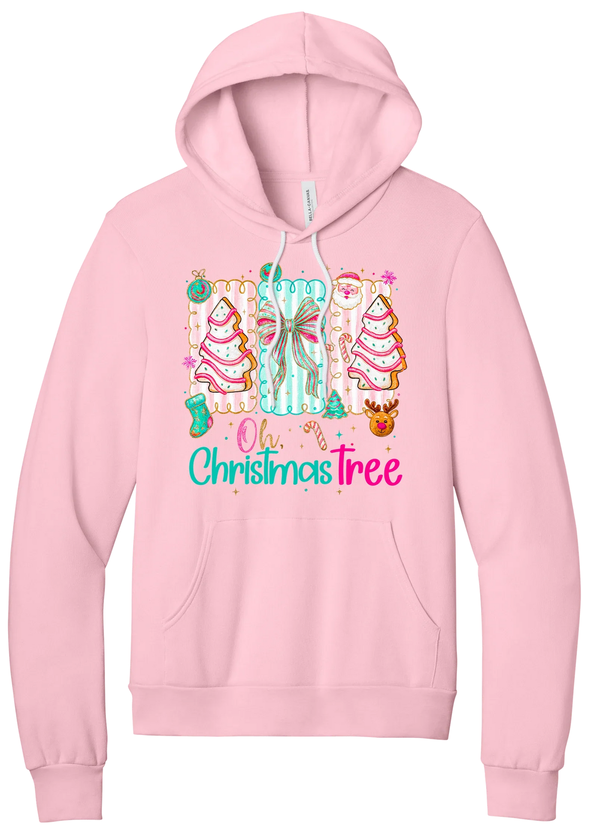 Oh Christmas Tree Cakes hoodie in Pink, featuring frosted Christmas tree snack cakes on pink and mint panels over Oh Christmas Tree lettering