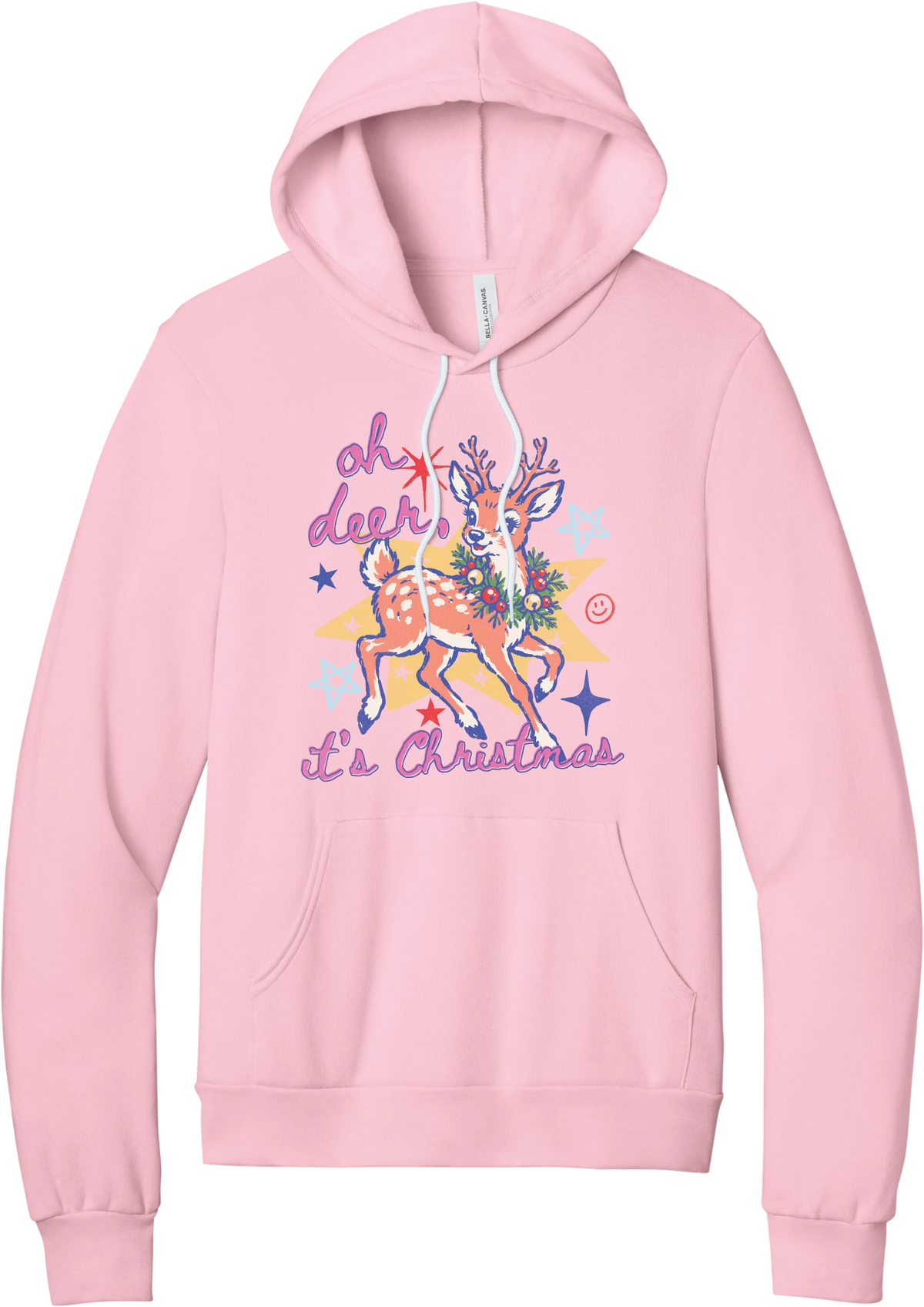Oh Deer Retro hoodie in Pink, featuring a retro spotted fawn with a holly wreath, pastel stars, and Oh Deer It's Christmas script