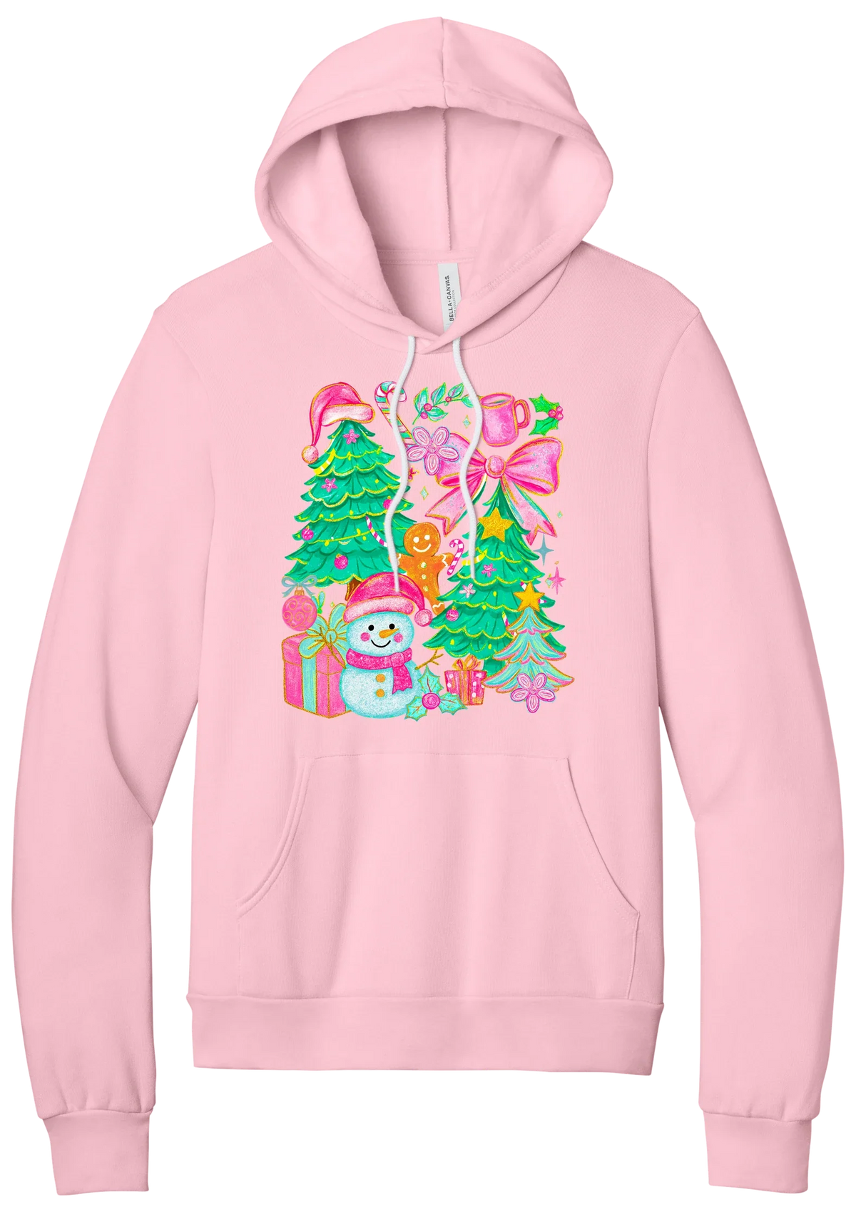 Preppy Christmas Doodle hoodie in Pink, featuring a doodle collage of Christmas trees, a snowman, a gingerbread man, gifts, and pink bows