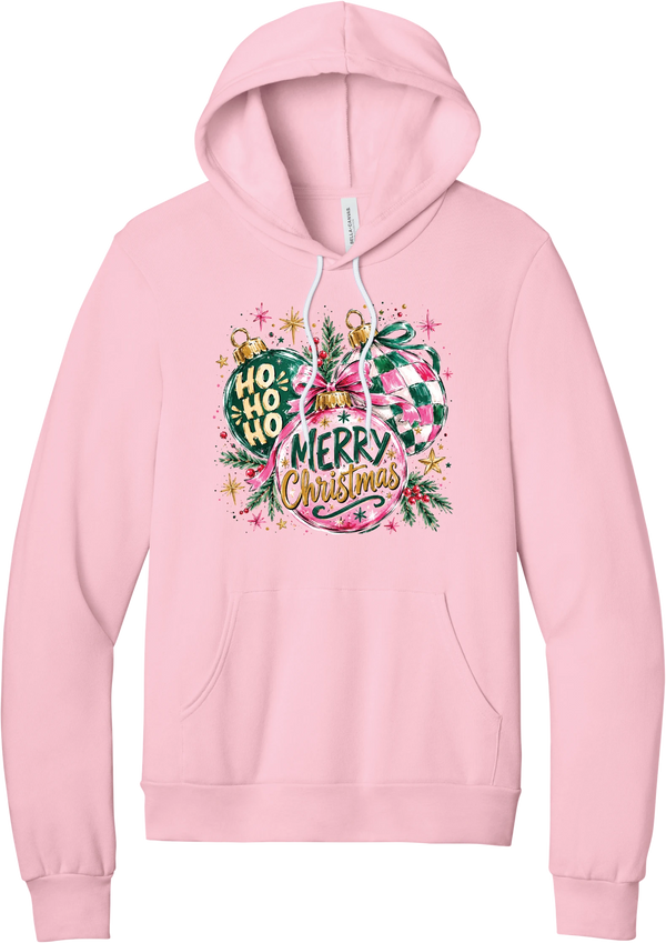 Preppy Christmas Decorations hoodie in Pink, featuring preppy pink and green Christmas ornaments with checkerboard, ribbon bows, HO HO HO, and Merry Christmas in gold script
