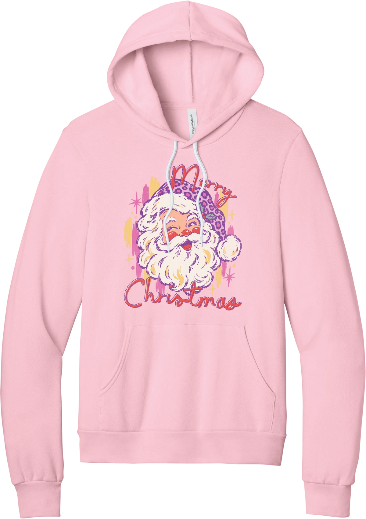 Preppy Santa (Pink Leopard) hoodie in Pink, featuring a vintage Santa in a pink leopard hat with Merry Christmas script and sparkles